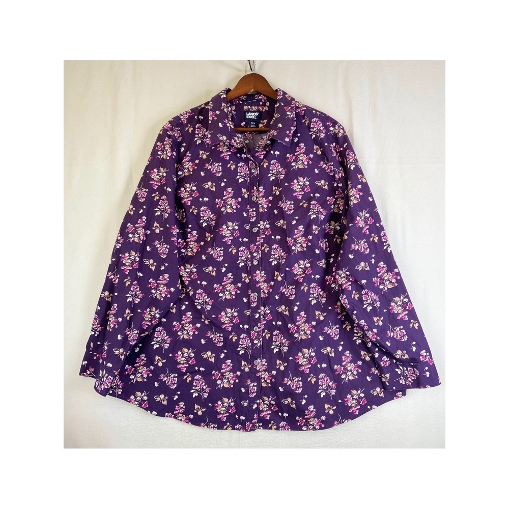Lands End No Iron Supima Cotton Floral Button Down Shirt Purple 22W Plus Size